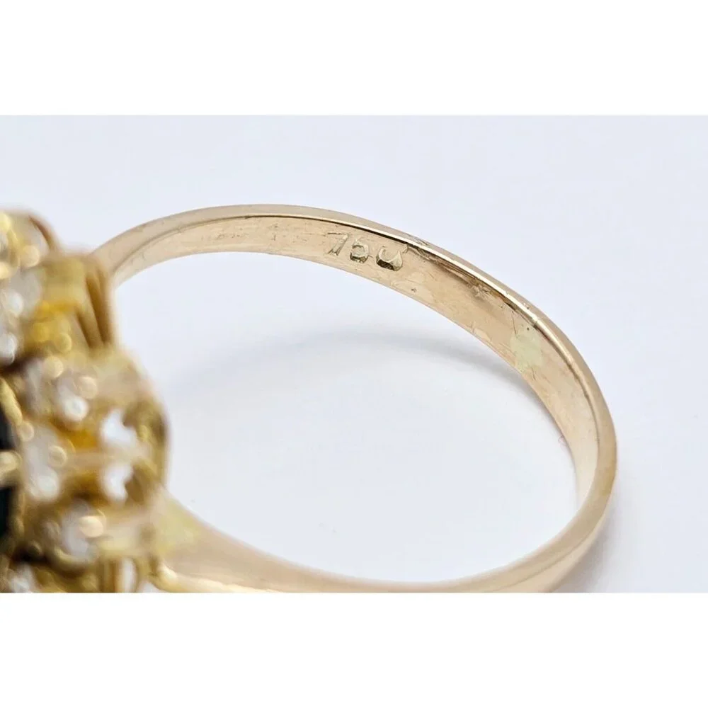18K Solid Yellow Gold Designer Oval Sapphire & Round Diamond Ring - Size 8.75